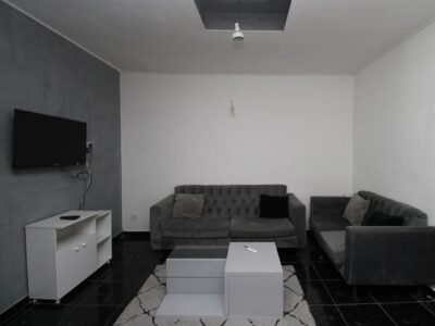 salon meublé de canapés ergonomiques-d'une télévision, d'une table basse-studio meublé à douala à bonapriso