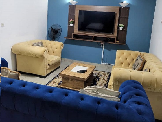 salon aménagé de deux canapés, un fauteuil, une télévision et une table basse - appartement meublé à douala- bali