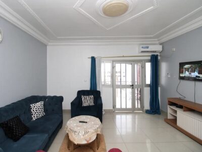 salon climatisé aménagé équipé de canapé, fauteuil, table basse, télévision et meuble TV-appartement meublé à douala-makepe