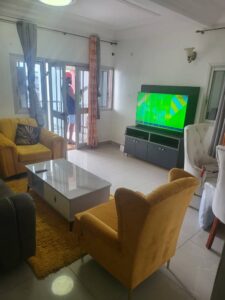 Overview of the living room in the douala furnished apartment at makepe